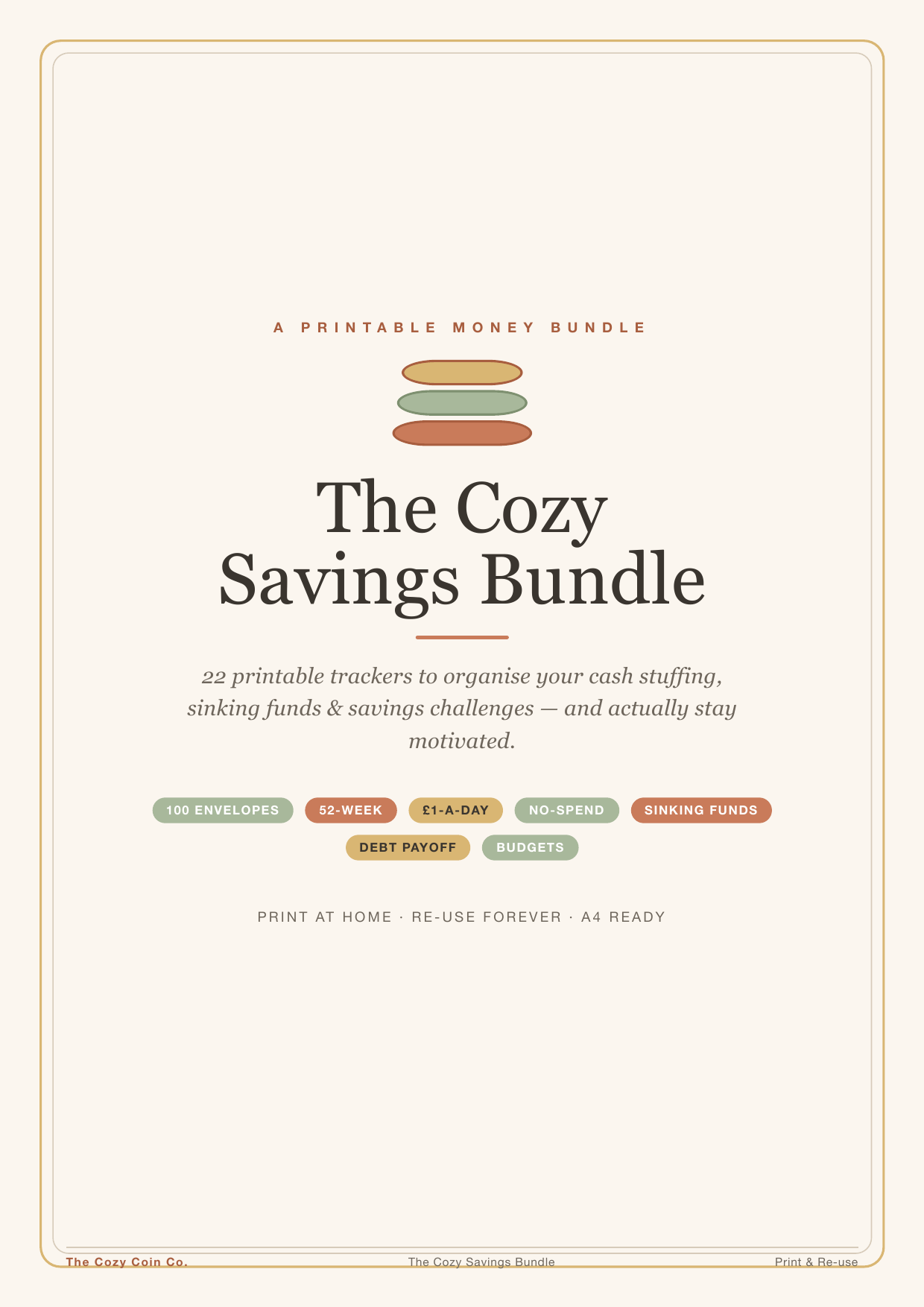 The binder cover page in terracotta and cream, titled the Cash Stuffing Money Binder.